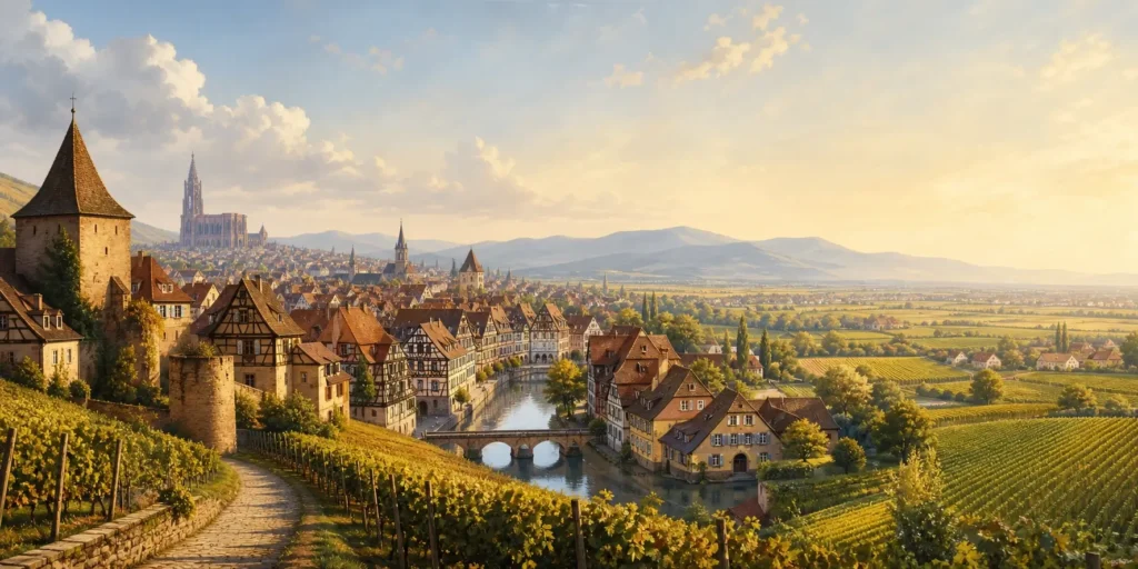 Panoramic illustration of Alsace featuring Strasbourg Cathedral, Colmar rooftops and canals, a fortified wine village, vineyards and the Vosges Mountains.
