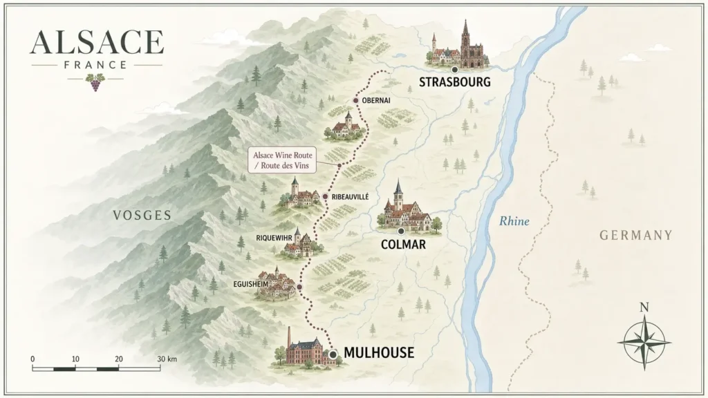 Illustrated map of Alsace showing Strasbourg, Colmar, Mulhouse, the Rhine, the Vosges Mountains and the Alsace Wine Route.