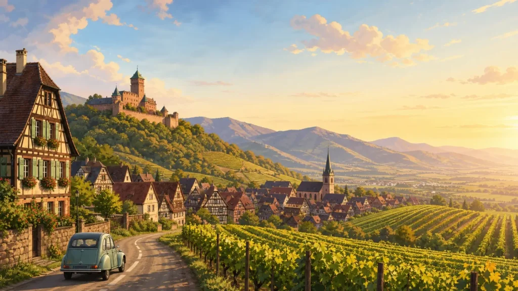 Panoramic Alsace travel scene featuring vineyards, traditional villages, Haut-Kœnigsbourg Castle, the Vosges Mountains and a scenic road.