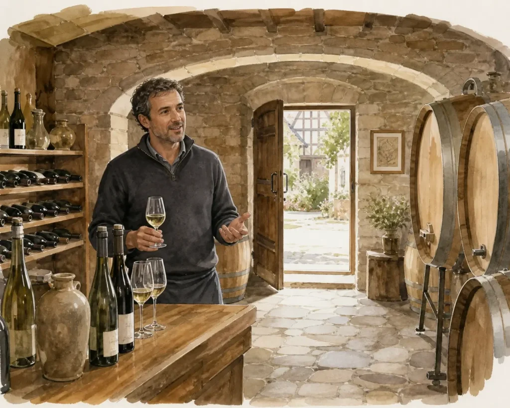 A local wine cellar prepared for a tasting in Barr, Alsace.
