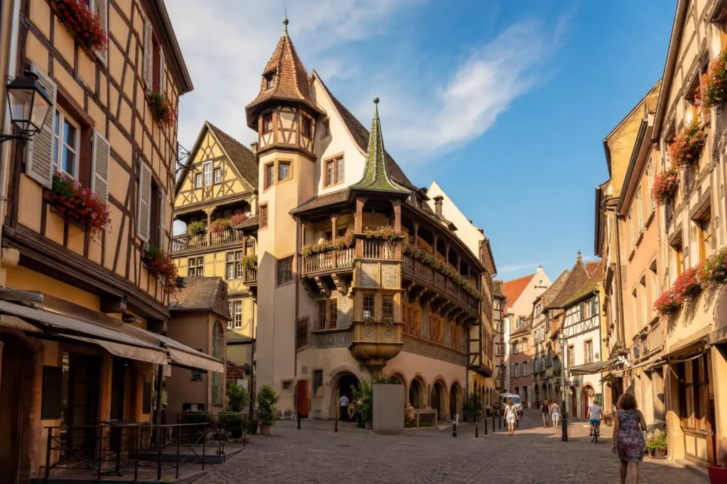 Rue piétonne du centre historique de Colmar avec maisons Renaissance et façades à colombages colorées.

