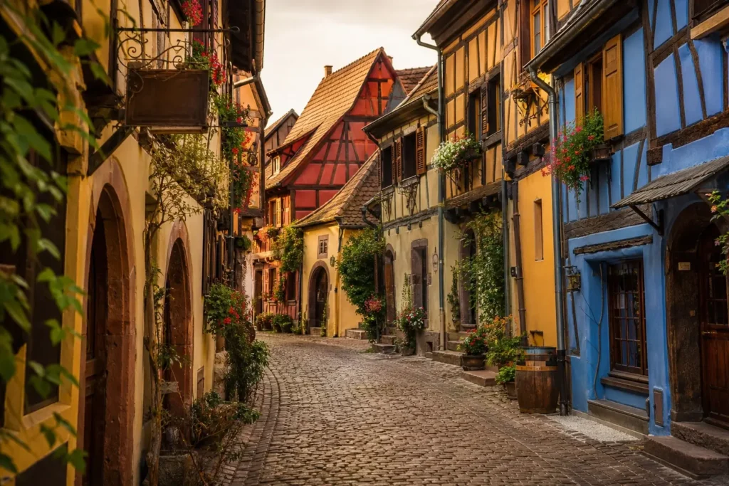Narrow flower-lined street in Eguisheim, bordered by colorful half-timbered houses and traditional Alsatian façades.