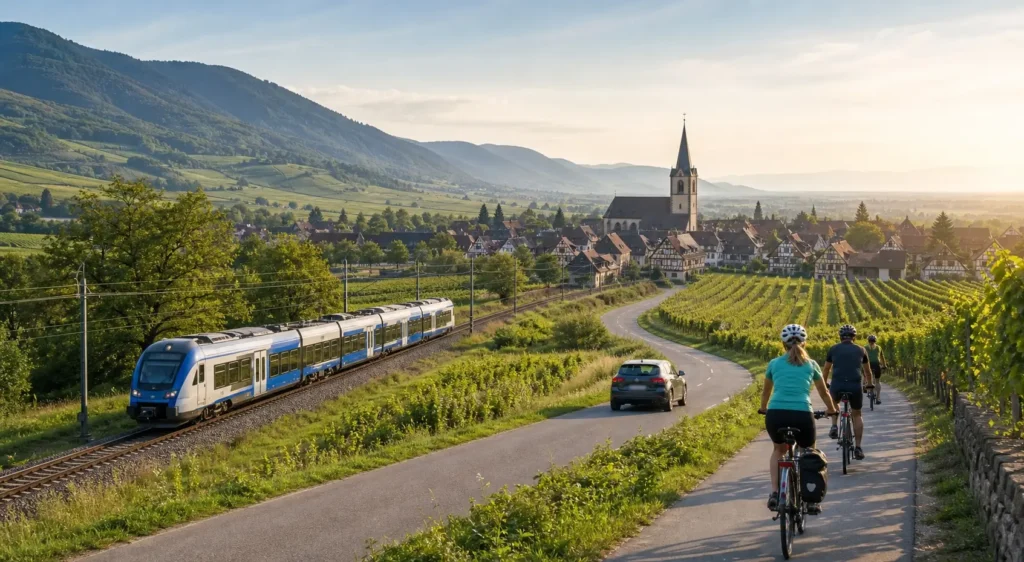 Train, local bus and cyclist near an Alsace village, illustrating car-free travel through the region.