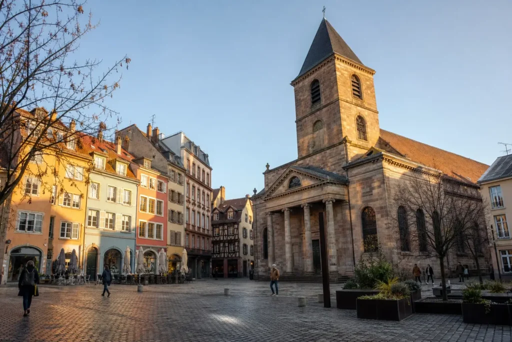 Historic Place de la Réunion in central Mulhouse, with colourful façades and the Temple Saint-Étienne.
