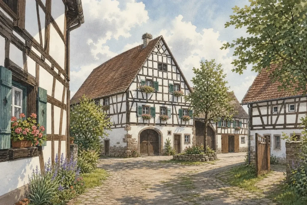Quiet northern Alsace village with whitewashed half-timbered farmhouses, flower boxes and open rural courtyards.