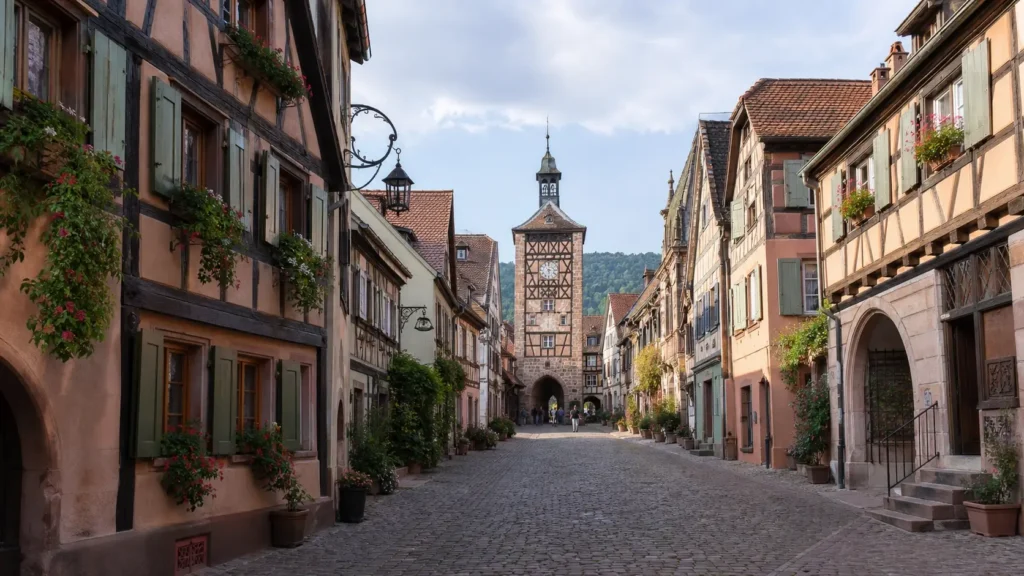 The Grand Rue in Ribeauvillé, lined with pastel half-timbered houses and flower boxes, leading to the Butchers’ Tower.