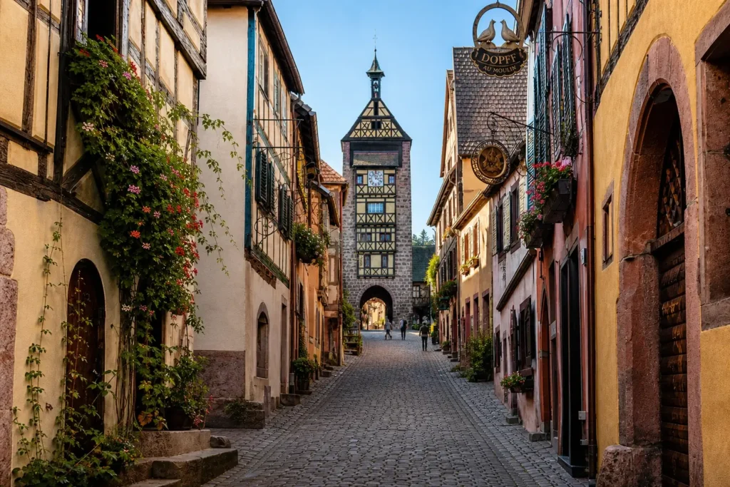 Colourful half-timbered houses on Rue du Général de Gaulle leading to the Dolder tower in Riquewihr.
