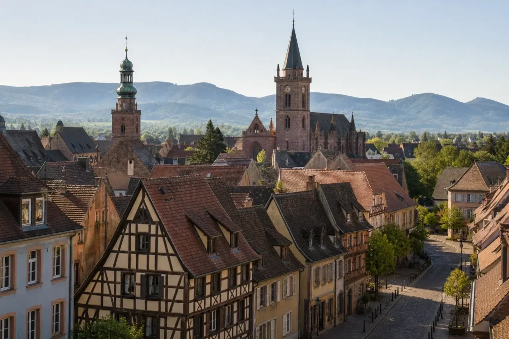 Vue sur le centre historique de Sélestat avec ses maisons à colombages, les églises Saint-Georges et Sainte-Foy, et les Vosges en arrière-plan.