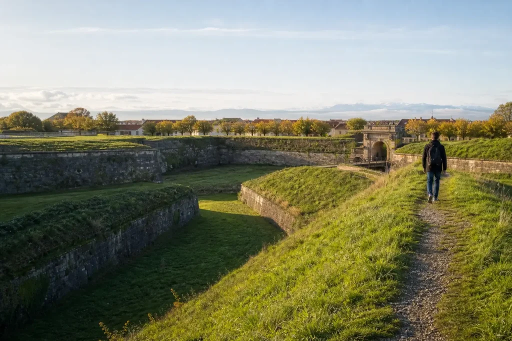 A person walking along the grassy ramparts beside the dry defensive ditches of Neuf-Brisach.