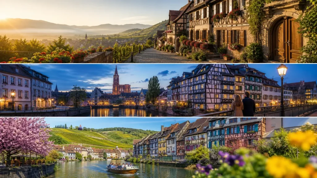 Collage of Alsace landscapes, Strasbourg at dusk, and colourful half-timbered wine villages surrounded by vineyards
