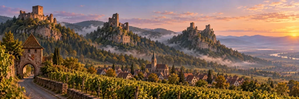 A dramatic pink sandstone castle ruin overlooks the Alsace vineyards and Rhine plain, with the forested Vosges mountains fading into the distance.