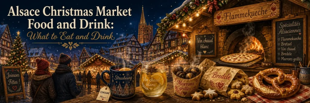 A warm, atmospheric illustration of an Alsace Christmas market food stall at dusk, with white and red mulled wine in decorated mugs, tarte flambée, bredele biscuits, roasted chestnuts and a Strasbourg-style Christmas market backdrop.