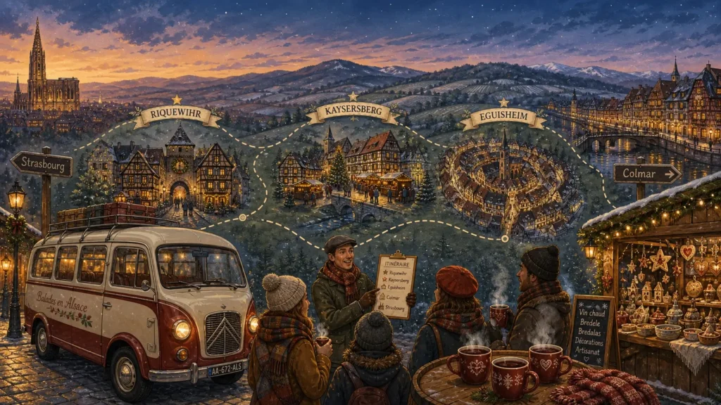 Illustrated winter map of Alsace showing a festive route from Colmar through Riquewihr, Kaysersberg, Eguisheim and Ribeauvillé, with glowing Christmas markets, village rooftops, a tour minibus and distant Vosges hills at dusk.