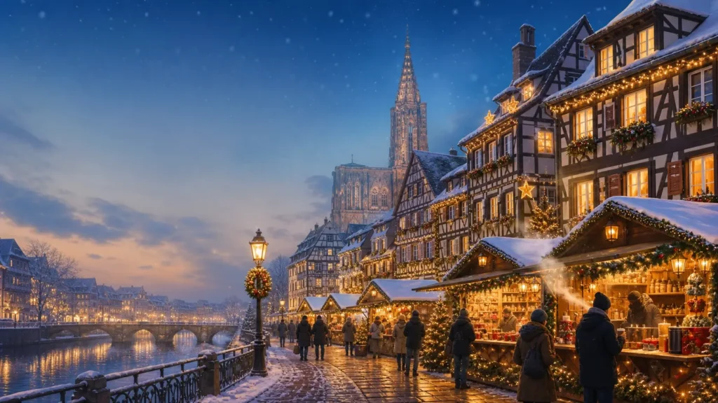 Festive Alsace Christmas market at dusk, with illuminated wooden chalets, Christmas lights and traditional half-timbered houses in a French village