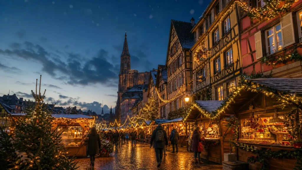 Festive Christmas market stalls surrounded by illuminated half-timbered houses in Alsace, France, at dusk