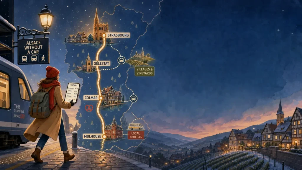 Illustrated map of Alsace showing Christmas market towns connected by trains, buses and seasonal shuttles, with Strasbourg and Colmar as the main bases.