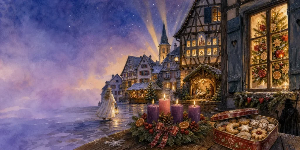 Illustrated panoramic scene of an Alsatian Christmas village at dusk, featuring half-timbered houses, glowing Advent decorations, a nativity display, a Christmas tree, market stalls, and villagers gathered beneath warm winter lights.