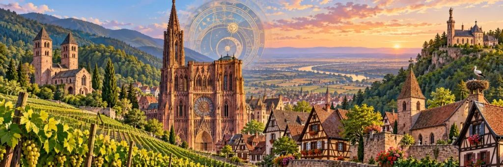 Illustrated view of Alsace’s religious landmarks, with Strasbourg Cathedral’s spire rising above colorful half-timbered houses and vineyard hills.