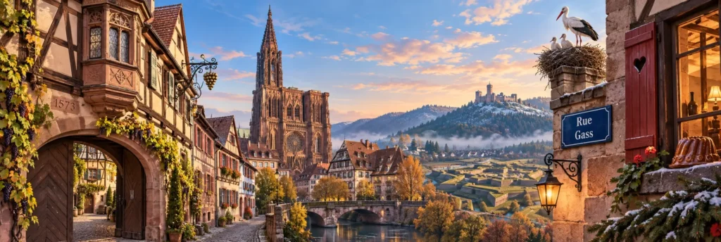 A richly detailed view of Alsace’s cultural heritage, bringing together half-timbered architecture, a stork’s nest, vineyard landscapes and the region’s distinctive Franco-German history.