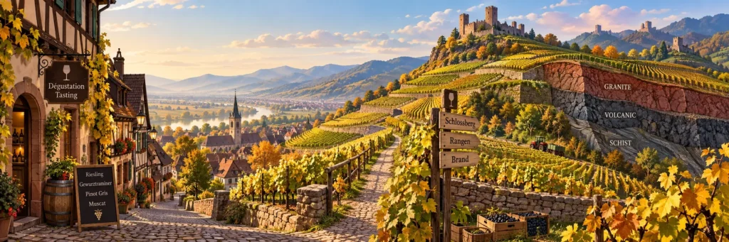 A panoramic view of Alsace Grand Cru vineyards rising above a historic wine village, with marked walking paths, vineyard rows and distant Vosges hills.
