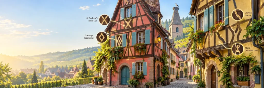 Illustration of a colourful half-timbered house in an Alsatian village, with exposed timber framing, traditional infill, and a stork on the roof.