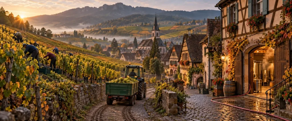 A cinematic panoramic view of Alsace vineyards during harvest, with golden-green vines climbing the hillsides, pickers working between the rows, tractors and grape trailers heading towards nearby cellars, and the Vosges mountains in the background under a cool autumn sky.
