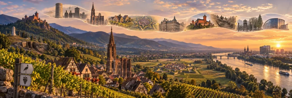 A layered view of Alsace bringing together Strasbourg Cathedral, Alsatian half-timbered houses and the Vosges landscape, evoking the region’s French and German history.
