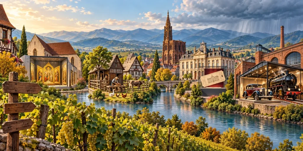 A vivid, artful Alsace museum scene bringing together Colmar’s Isenheim Altarpiece, traditional half-timbered architecture and the region’s cultural heritage.