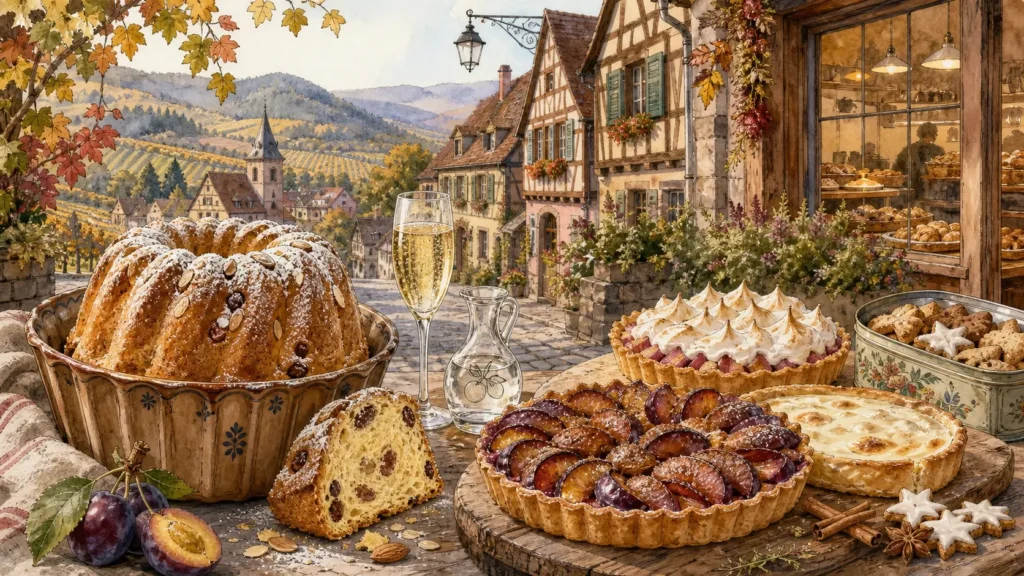 A rustic Alsatian breakfast spread with sliced kougelhopf, seasonal plum tart, bredele biscuits, pain d’épices, almonds and coffee on a wooden bakery table, with a softly blurred village bakery and orchard landscape in the background.
