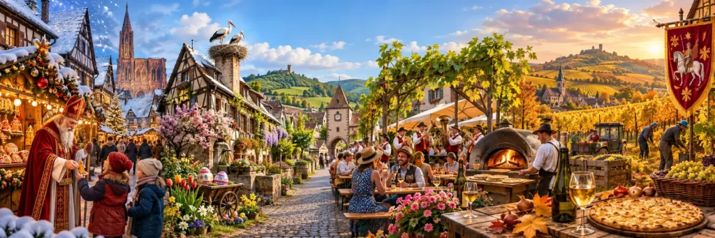 A lively Alsatian village festival through the seasons, with wine barrels and harvest grapes, a Carnival mask, Saint Nicholas, and half-timbered houses beneath a stork’s nest.