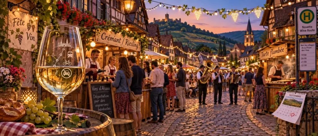 Lantern-lit wine festival in an Alsatian village, with visitors tasting wine beneath the surrounding vineyards