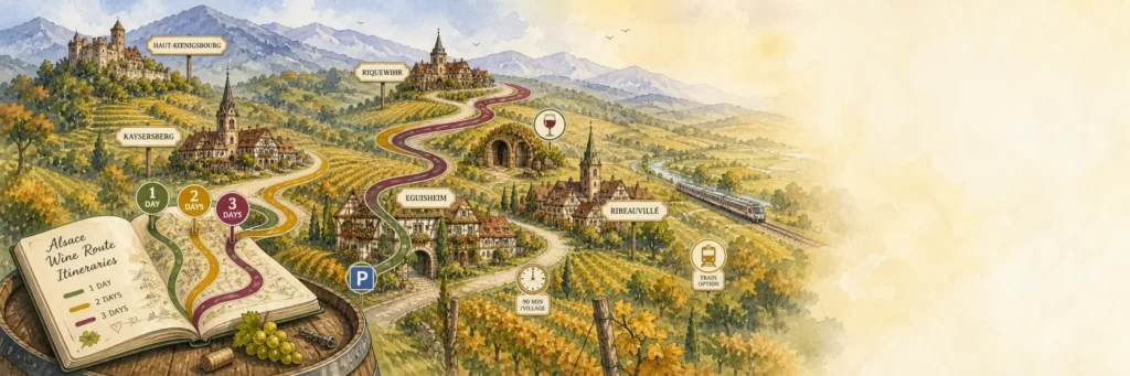 Illustrated panoramic view of the Alsace Wine Route, with a winding road through vineyards connecting colourful medieval villages, church towers, wine bottles and distant Vosges hills in warm golden light.