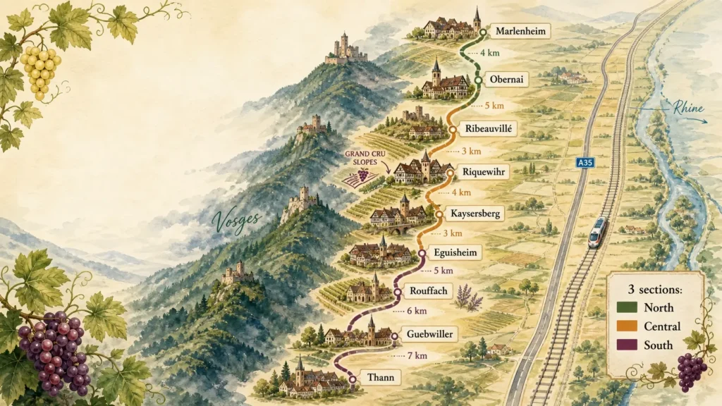Illustrated landscape map of the Alsace Wine Route, showing vineyard-covered foothills, winding roads, wine villages, Colmar, the Vosges mountains and the route stretching from Marlenheim in the north to Thann in the south.