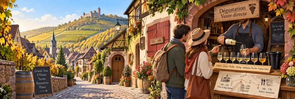 Panoramic hero banner showing the Alsace Wine Route village streets with open tasting cellars, a tasting flight of Alsace grape glasses, and small train and bicycle icons—capturing a realistic wine-tasting day in Alsace.