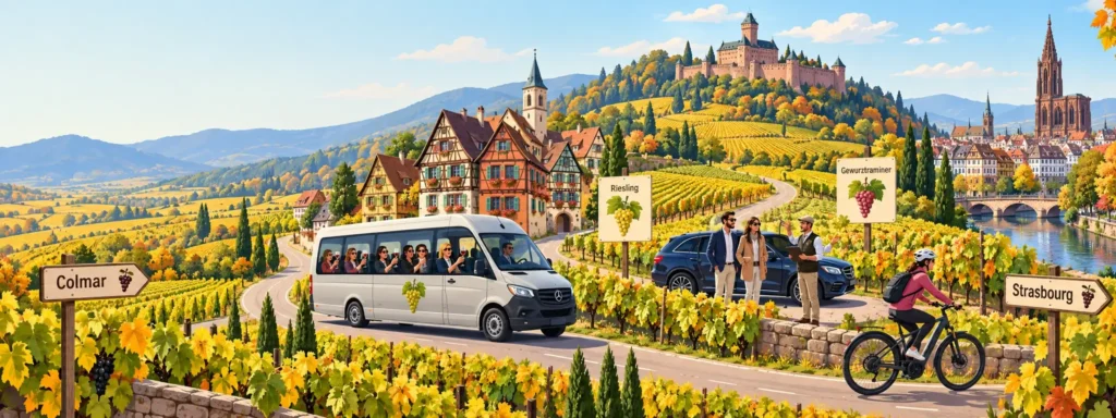 A winding map-like road crosses the Alsace vineyards, linking colourful wine villages and cellar doors beneath the Vosges foothills, with a wine glass and grape clusters framing the scene.