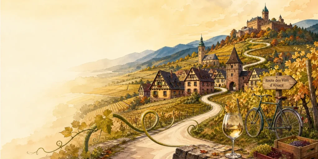 Illustrated panoramic view of the Alsace Wine Route, with rolling vineyard-covered foothills, a winding road connecting colourful half-timbered villages, a hilltop castle, and wine bottles and grapevines in the foreground.