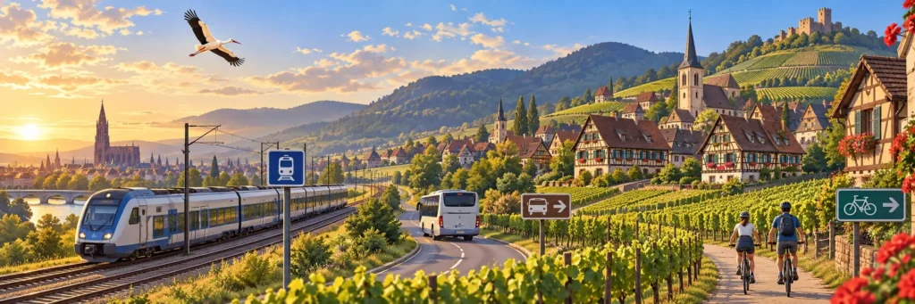 Stylised landscape illustration of the Alsace Wine Route viewed from above, with a regional train crossing the vineyard plain, a winding cycle path linking colourful wine villages, and small buses connecting the foothills beneath the Vosges. Colmar and traditional Alsatian villages appear in the distance, with vineyard rows creating a visual route through the scene.