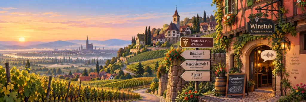 A colorful illustrated Alsatian village with half-timbered houses, vineyard-covered hills, and speech bubbles featuring Alsatian words such as “Bìschur” and “S’gilt!”