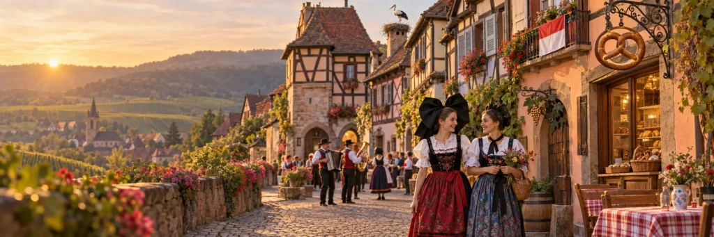 Still life of an Alsatian black bow headdress, a pretzel and red-and-white checked kelsch fabric, with a white stork flying over a half-timbered village in the background.