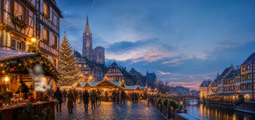 Festive Christmas market in Alsace with illuminated half-timbered houses, wooden chalets and visitors at dusk