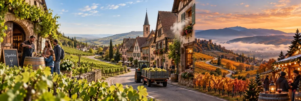 A stylised panoramic view of the Alsace Wine Route in autumn, with golden vineyards flowing towards colourful wine villages, Vosges mountains in the background, and subtle visual hints of harvest, wine tasting and seasonal travel.