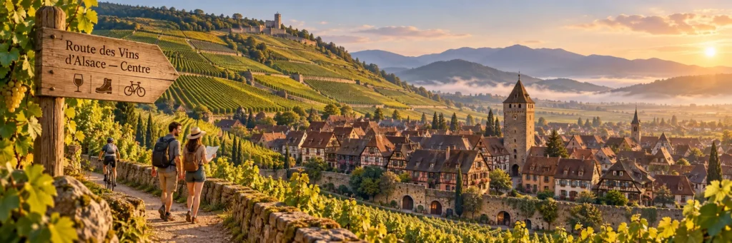 A cinematic panoramic illustration of Alsace’s central wine route, showing a winding golden vineyard path connecting Riquewihr, Ribeauvillé, Kaysersberg and Eguisheim. Half-timbered villages emerge from the vineyard rows beneath the Vosges foothills, with subtle wine-route markers, cellar doors and glowing late-afternoon light.