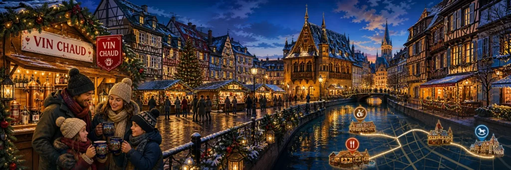 Illuminated Christmas market chalets and festive lights along a canal in Colmar’s Petite Venise district, with traditional half-timbered houses in the background.