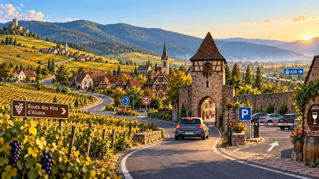 A compact car parked beside a vineyard road in Alsace, with a medieval wine village, winding vineyard lanes, road signs, and the Vosges foothills in the background, suggesting a practical road trip along the Alsace Wine Route.