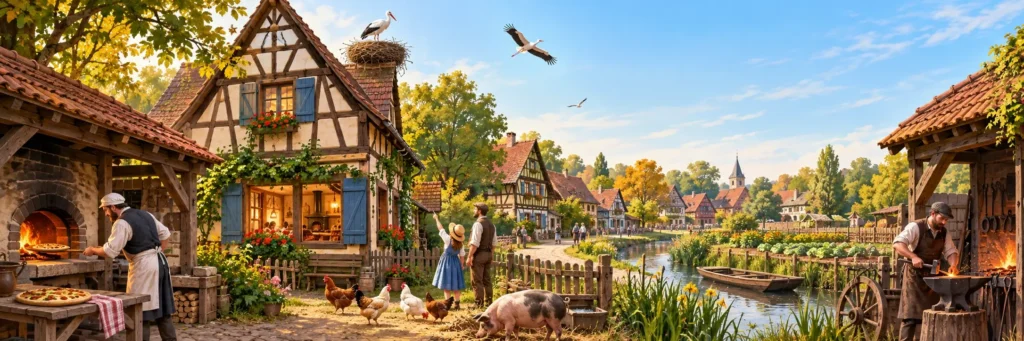 A storybook-style view of the Écomusée d’Alsace, with half-timbered houses, a stork’s nest, a traditional water pump and a red farm cart beneath a bright summer sky.
