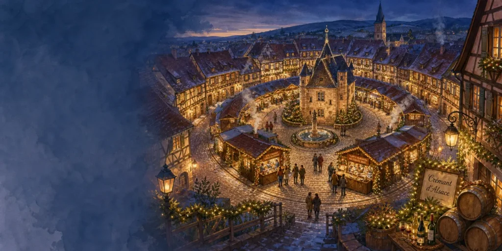 A wide editorial illustration of Eguisheim’s Christmas market at blue hour, showing a compact Alsatian village with concentric half-timbered houses, warm lights, decorated façades, wooden market chalets around Place du Château Saint-Léon, visitors holding steaming mugs, and vineyard-covered hills in the background.