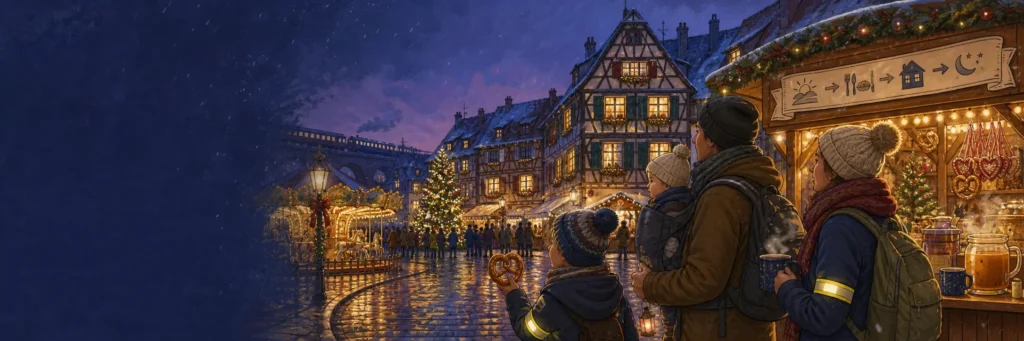 Illustrated panoramic scene of a family exploring an Alsatian Christmas market at dusk, with children near a carousel, glowing wooden stalls, warm drinks, snow-dusted village rooftops and a parent carrying a tired toddler. The composition evokes a practical, family-friendly day in Colmar and the surrounding villages.