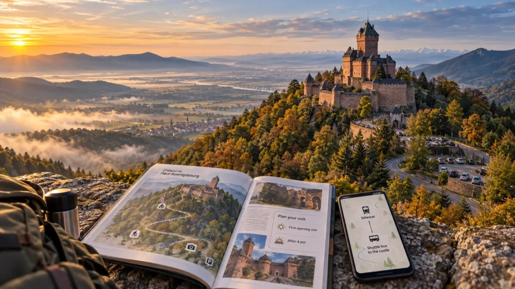 Haut-Koenigsbourg Castle crowns a wooded ridge above the Alsace vineyards, with the Rhine plain and distant mountains in the background.