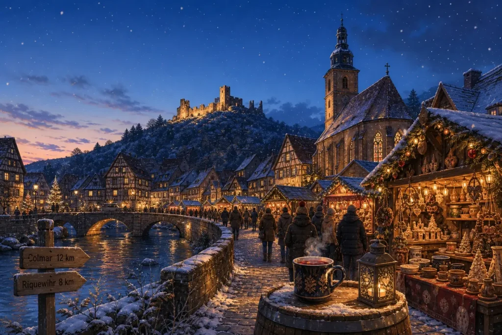 Twilight view of Kaysersberg Christmas Market, with illuminated half-timbered houses, wooden chalets, festive decorations and the ruined castle rising above the Alsatian village.
