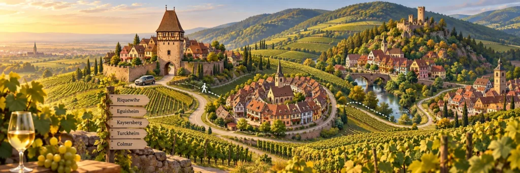 Panoramic illustrated view of Alsace’s wine route at golden hour, with colourful half-timbered villages, vineyard-covered hills, a winding road connecting the towns, and distinctive landmarks inspired by Riquewihr, Eguisheim, Kaysersberg and Hunawihr.